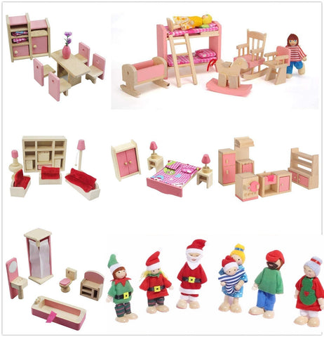 Pink Dollhouse Furnitures 6 Rooms and 7 Family Dolls in Christmas Outfit