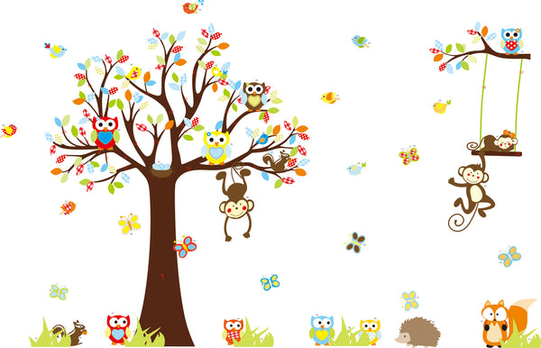 Kids Room Wall Stickers Woodland Animals Owls, Monkey, Squirrel, Fox and Hedgehog
