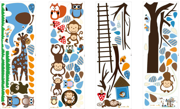 Blue Elephant, Giraffe and Monkey Wall Sticker