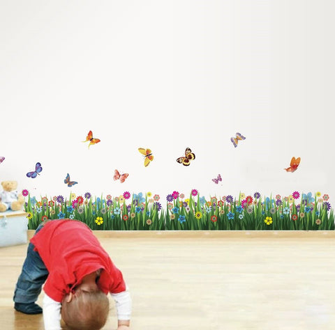 DecoBay Wall Sticker - Colourful Flowers and Grass with Butterfly