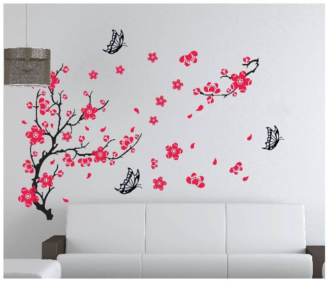 Stylish Cherry Plum Blossom Flowers & Butterflies Wall Sticker