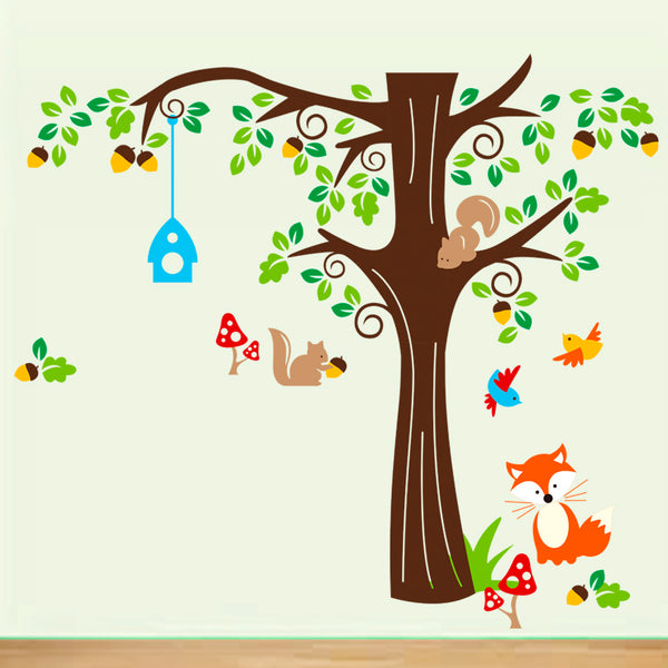Nursery Wall Stickers Acorn Tree and Woodland Animals Squirrel, Fox and Birds for Kids Bedroom