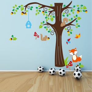 Nursery Wall Stickers Acorn Tree and Woodland Animals Squirrel, Fox and Birds for Kids Bedroom