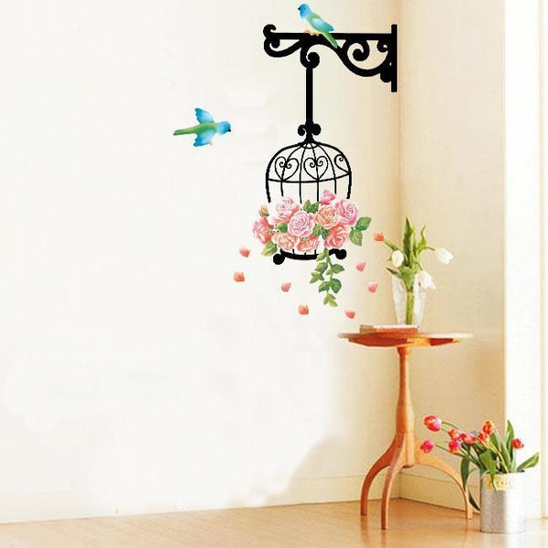 Blue Birds and Flowers - bird cage wall stickers for home art decoration
