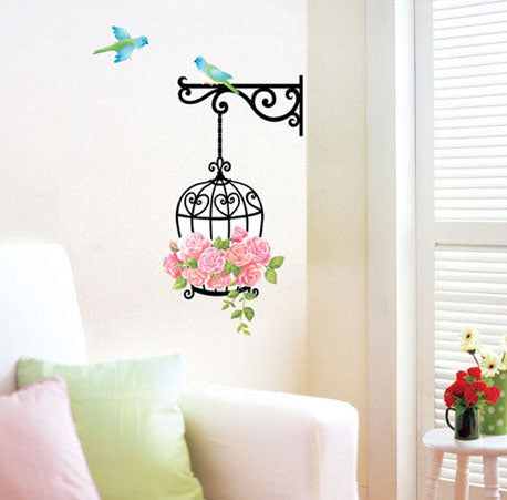 Blue Birds and Flowers - bird cage wall stickers for home art decoration
